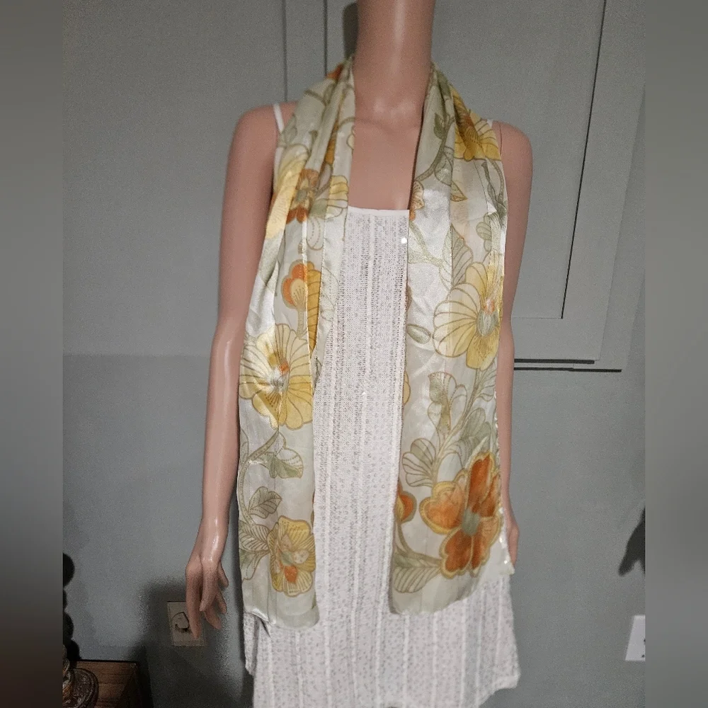 Italca Made in Italy Floral Sheer Scarf / Wrap. Yellow/Orange